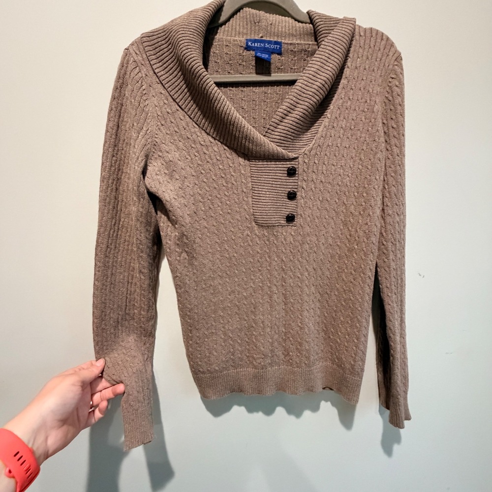 VTG Karen Scott Shawl Neck Sweater Women Small Brown Cable Knit Minimalist